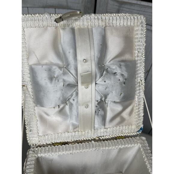 Vintage 70s Sewing Basket Retro Square Woven Blue Green Floral Psychedelic Japan - Picture 11 of 11